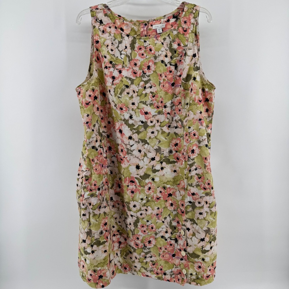 J. Jill Linen Dress Womens XL Petite Pink Green Floral Sleeveless Shift Pockets